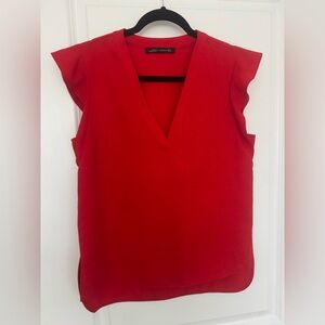 Zara Bright Red V-Neck Cap Sleeve Top